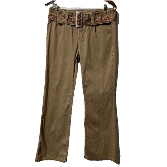 Y2K Ruff Hewn Womens Sz 10 Flare Khaki Pants Tan Embroidered Belt Hippie Boho - Picture 2 of 13